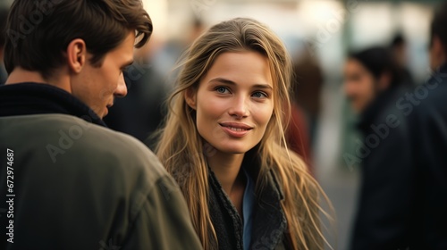 blond haired woman blue scarf looking man black jacket love first sight business products supplies entertainment slightly young long hair uniquely artichoke face close scandinavian