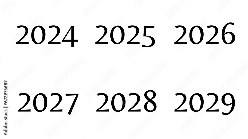 New Year 2024, 2025, 2026, 2026, 2027, 2028, 2029. Black color. Transparent background. Stock