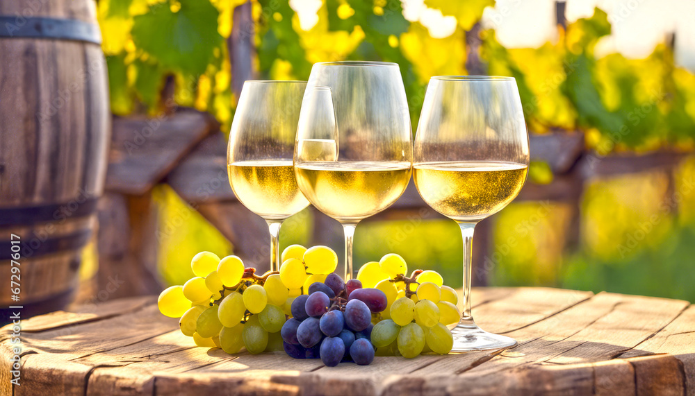 Three glasses of white wine and two bunches of grapes on a wooden barrel in a vineyard. The photo has a warm and inviting tone.