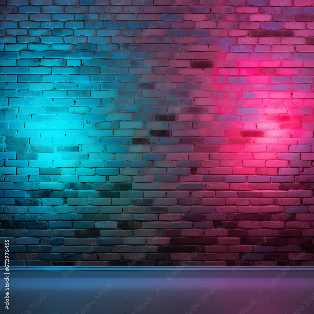 Blue and pink lights on a brick wall. Generative ai. Blue and pink lights on a brick wall. Generative ai.