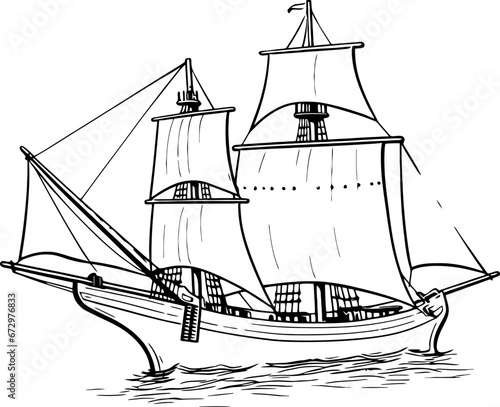 Vintage sailing boat sketch drawing