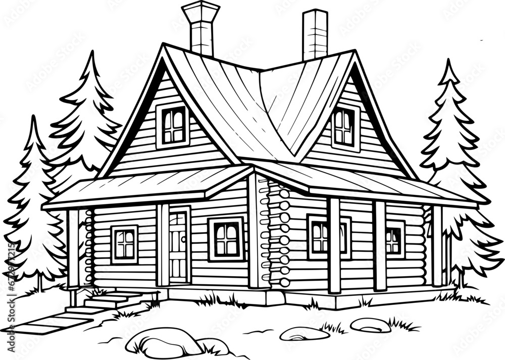 Naklejka premium Wooden log house drawing