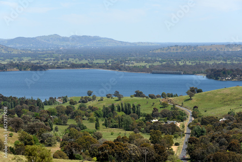 Scenic mountains view with Lake Hume from Kurrajong Gap Lookout located between Bellbridge and Bethanga, a short drive from Albury Wodonga Victoria, Australia.
