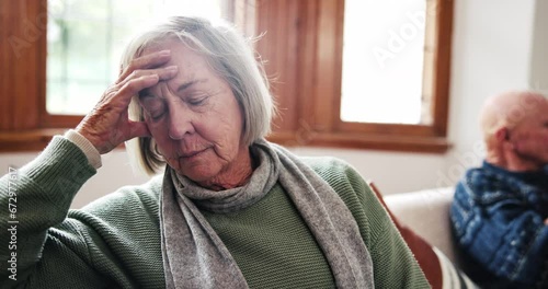 Stress, argument and senior couple on a sofa with marriage frustration, divorce or breakup at home. Upset, angry or elderly man and woman in retirement fighting with conflict in living room of house. photo
