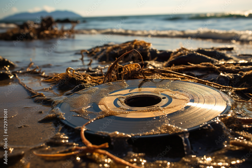Vinyl records, trash on beach ocean. Problem plastic waste, Marine plastic pollution concept.