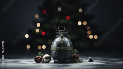 A grenade sitting on a table as a christmas decorations, symbolizing militarism and bad news, AI photo