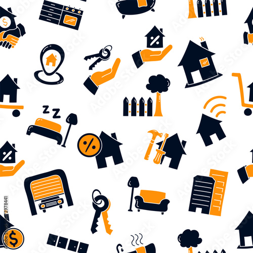 Seamless pattern with house, key, buy, sell, loan, smart home, building, address, renovation,  kitchen, bedroom, living room, bathroom.