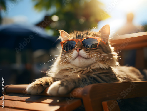 A cat lounging on a sunny terrace, sporting stylish sunglasses, and basking in the warm, sunny weather