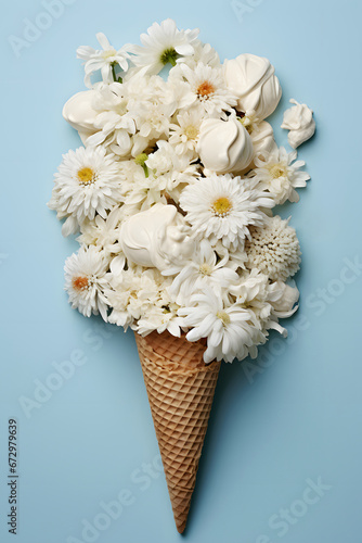 Bouquet of flowers and ice-cream in a waffle cone on a light blue background. Postcard for spring holidays, March 8, international women's day, wedding. Minimalistic design for print greeting card.