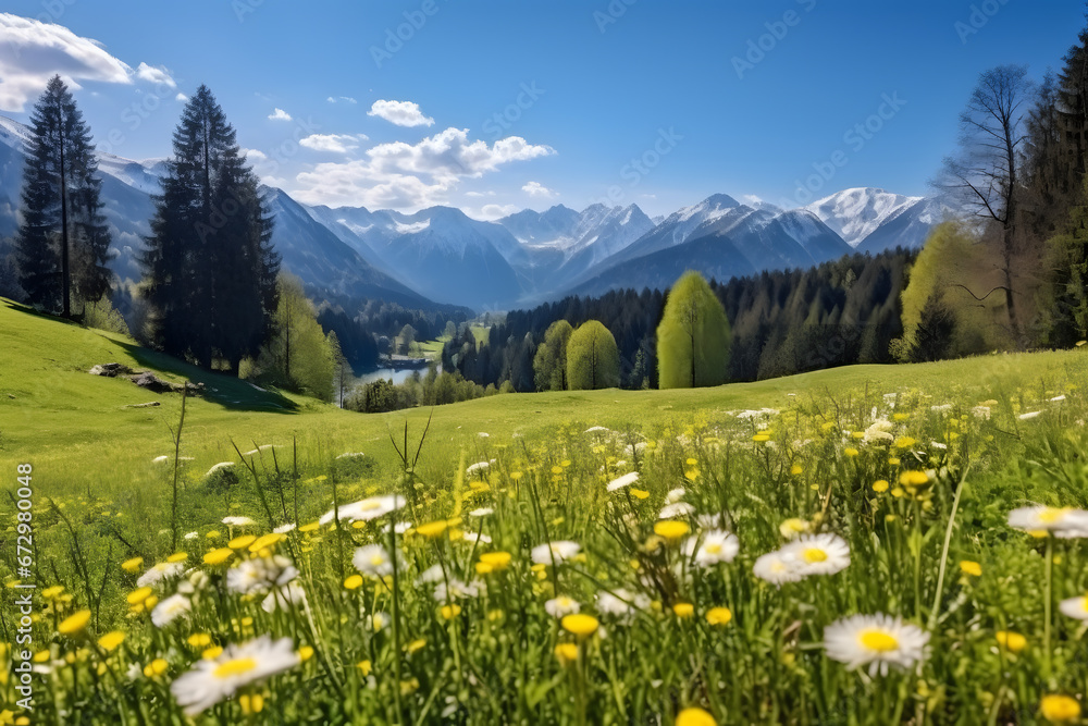 Landscape on the mountains with fresh green meadows and blooming flowers