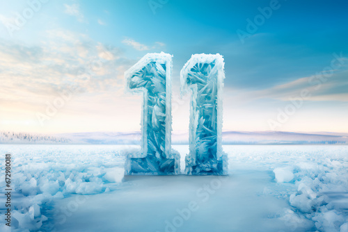 The number eleven in the cold, against the backdrop of winter during a snowfall. Frozen number eleven in the midst of the cold season. A giant number eleven in the cold photo