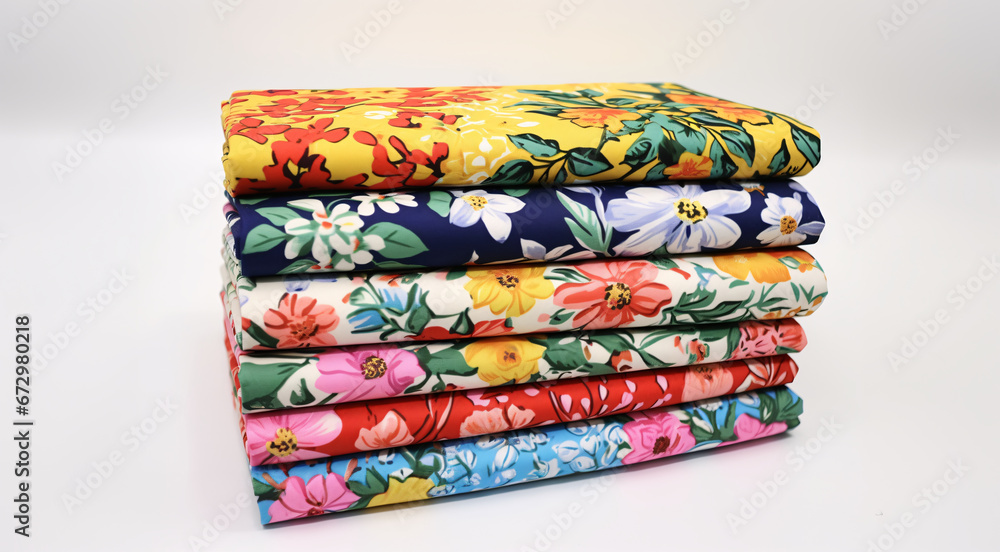 a stack of floral print cloth material sections