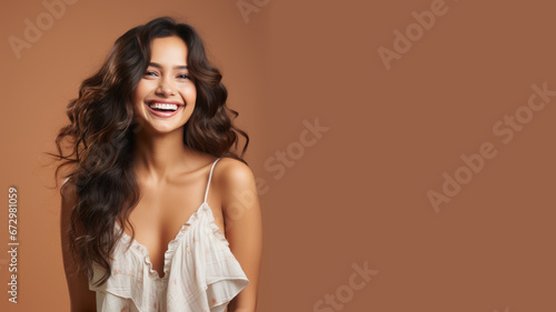 Indian woman model wear white sundress isolated on pastel background