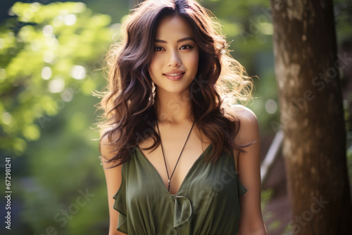 Asian woman model wearing a green sundress in the garden