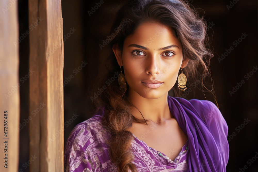 An Indian woman model wearing a purple sundress in the garden An Indian woman model wearing a purple sundress in the garden