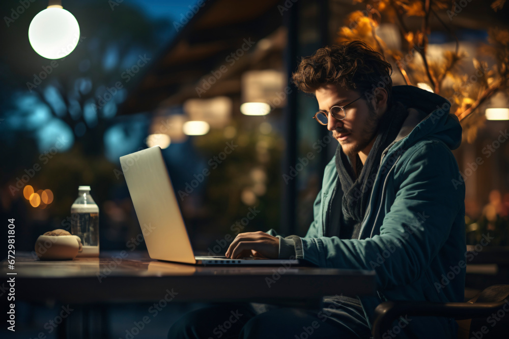Young man using a laptop in a quiet bar at night. Lighting and pleasant atmosphere. Young man using a laptop in a quiet bar at night. Lighting and pleasant atmosphere.