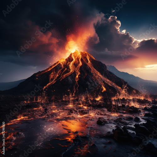 Volcano erupting at night exceptional clarity vivid 