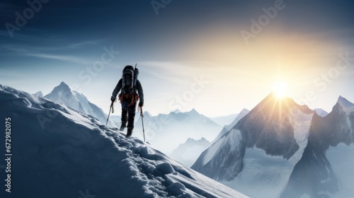 A person is standing on the top of a mountain with skis, AI © starush