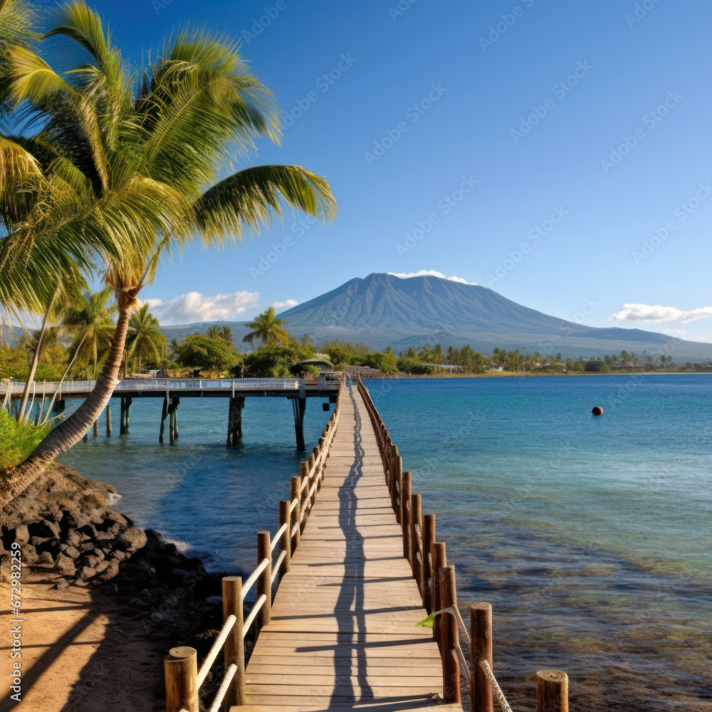 A tropical Hawaiian shore observing the volcanic
A tropical Hawaiian shore observing the volcanic