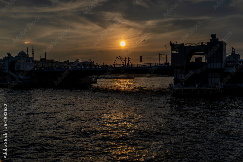 Sunset view at Galata Bridge,Istanbul,Turkey.