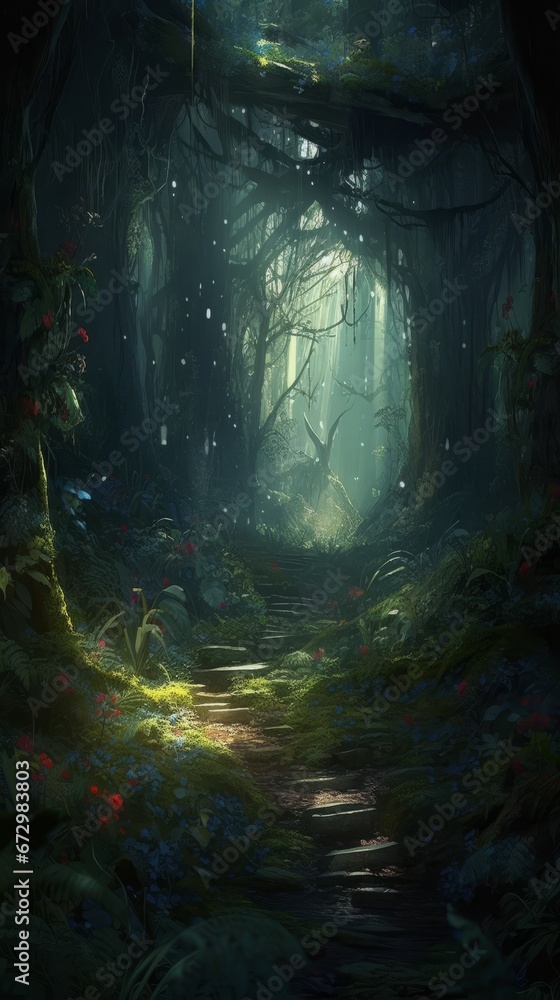 An enchanted magical forest glen. Generative AI. 