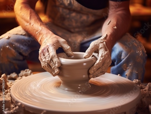 Potter molds a lump of clay into a beautiful vase, his hands skillfully shaping and smoothing the clay, Generative Ai 