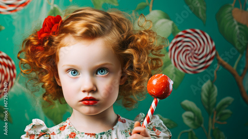  Against colorful floral wallpaper, a beautiful girl holds a lollipop, creating an image of a cheerful and colorful childhood. The concept is of a magical world of children's joy and carefreeness
