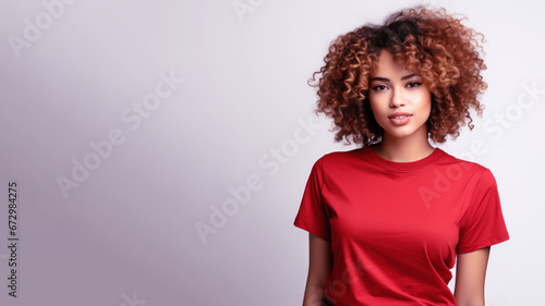 Afro american woman wearing red t-shirt isolated on gray background