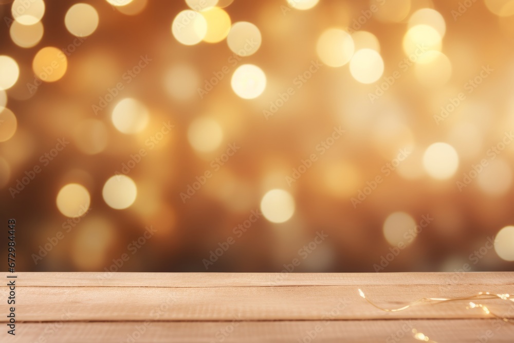 Christmas themed living room decor with blurred string lights and ornaments on a wooden table Christmas themed living room decor with blurred string lights and ornaments on a wooden table