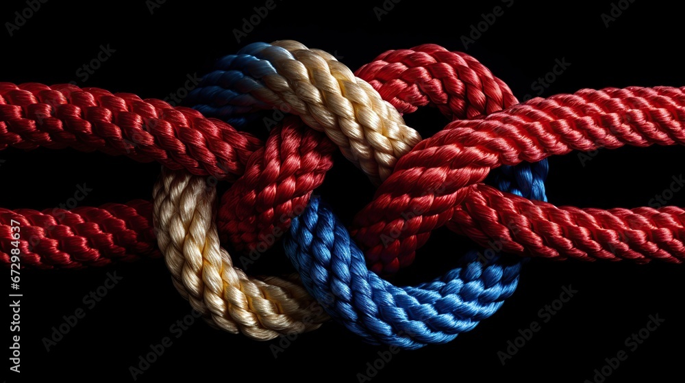 Different colored ropes forming a square knot,Unity and teamwork