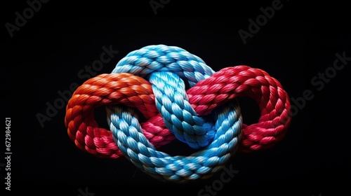 Different colored ropes forming a square knot,Unity and teamwork concept as a business metaphor for joining a partnership as diverse ropes connected together as a corporate symbol for cooperation