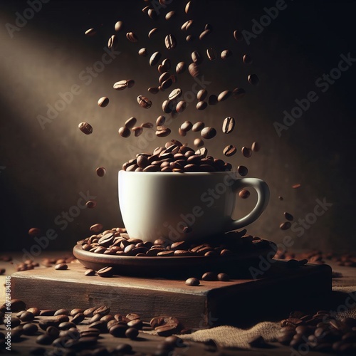 COFFEE BEANS FALLING INTO A CUP, BREAKFAST WITH COFFEE AND BEANS, DELICIOUS COFFEE BEANS FOR A GOOD BREAKFAST
