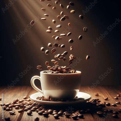 COFFEE BEANS FALLING INTO A CUP, BREAKFAST WITH COFFEE AND BEANS, DELICIOUS COFFEE BEANS FOR A GOOD BREAKFAST