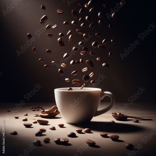 COFFEE BEANS FALLING INTO A CUP, BREAKFAST WITH COFFEE AND BEANS, DELICIOUS COFFEE BEANS FOR A GOOD BREAKFAST