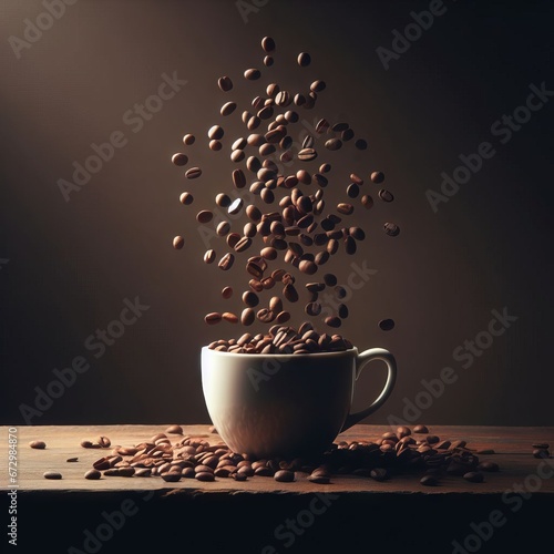 COFFEE BEANS FALLING INTO A CUP, BREAKFAST WITH COFFEE AND BEANS, DELICIOUS COFFEE BEANS FOR A GOOD BREAKFAST