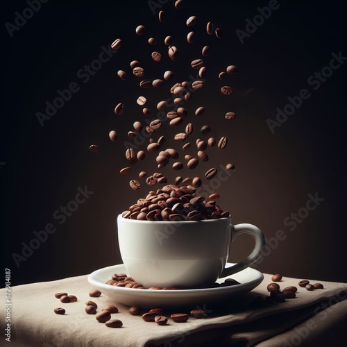 COFFEE BEANS FALLING INTO A CUP, BREAKFAST WITH COFFEE AND BEANS, DELICIOUS COFFEE BEANS FOR A GOOD BREAKFAST