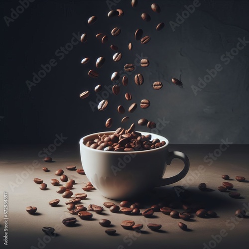 COFFEE BEANS FALLING INTO A CUP, BREAKFAST WITH COFFEE AND BEANS, DELICIOUS COFFEE BEANS FOR A GOOD BREAKFAST