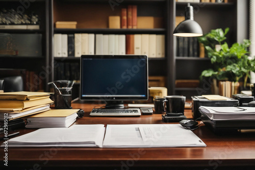 Office interior. Desk of busy person, with a lot of documents