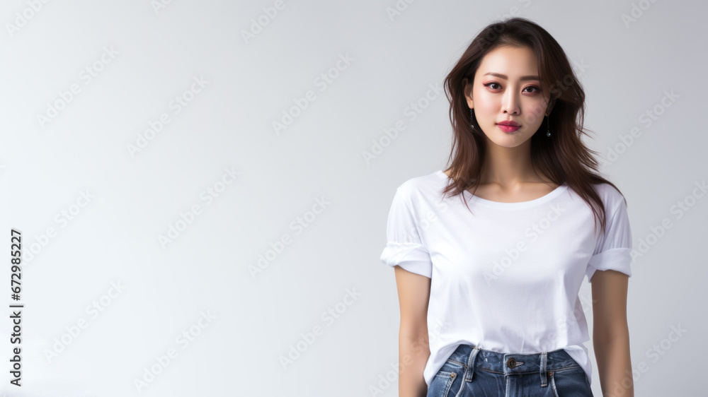 Asian woman wearing white t-shirt isolated on gray background Asian woman wearing white t-shirt isolated on gray background