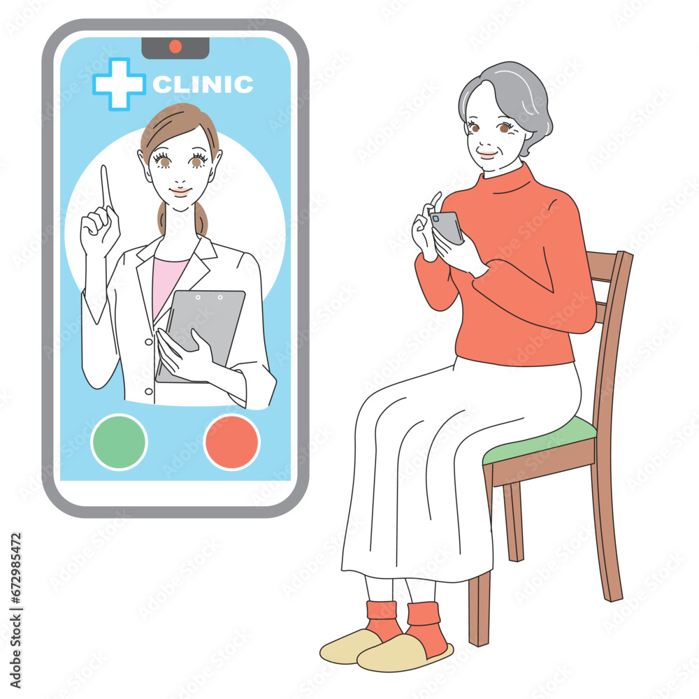 スマートフォンでオンライン診療を受けるシニア女性