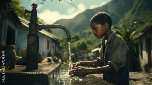 African child delighted with clean water pouring from tap photo