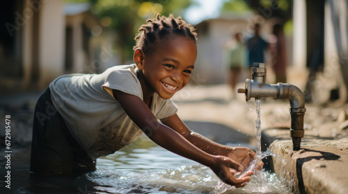 African child delighted with clean water pouring from tap