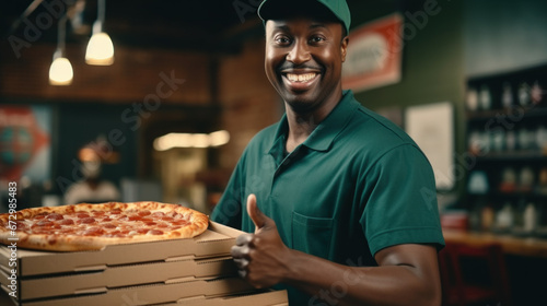 Cheerful pizza delivery man brings order and wants tip