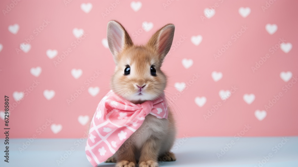Cute Valentine Animal Rabbit Pet on a Pastel Blue Pink and Red Studio Hearts Background - Celebrating Valentine's Day with Love, Affection, and Adorable Companionship, with Space for Heartfelt Message