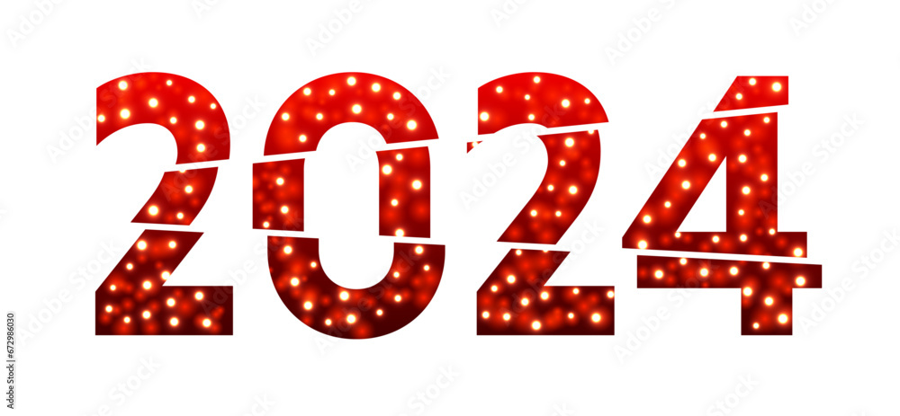 New Year 2024 red lettering with light bulbs on white background. New Year 2024 red lettering with light bulbs on white background.