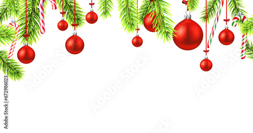Horizontal banner with frame of bright green fir branches and red balls on white background. Christmas holiday greeting card with space for text.