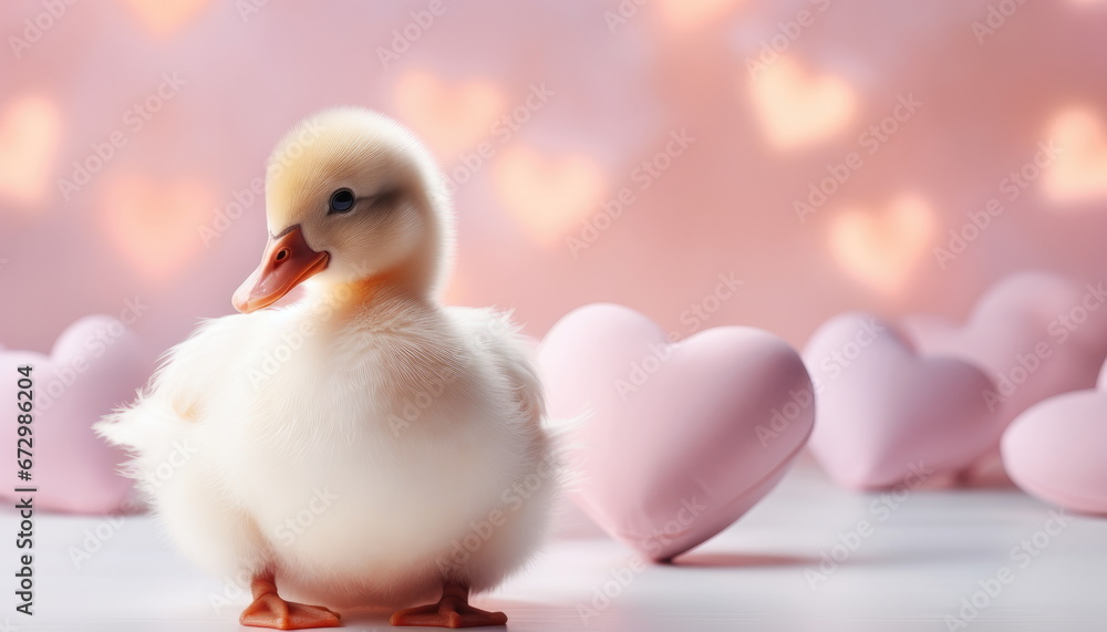 Cute Valentine Animal Pekin Duck Pet on a Pastel Pink and Red Studio Hearts Background - Celebrating Valentine's Day with Love, Affection, and Adorable Companionship, with Space for Heartfelt Message