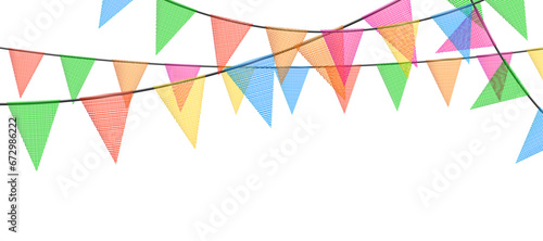 Carnival colorful bunting garlands with flags made of shredded pieces of fabric. Decorative colorful party pennants for festival, party, birthday celebration.