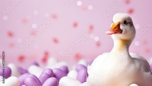 Cute Valentine Animal Pekin Duck Pet on a Pastel Pink and Red Studio Hearts Background - Celebrating Valentine's Day with Love, Affection, and Adorable Companionship, with Space for Heartfelt Message © SueFox