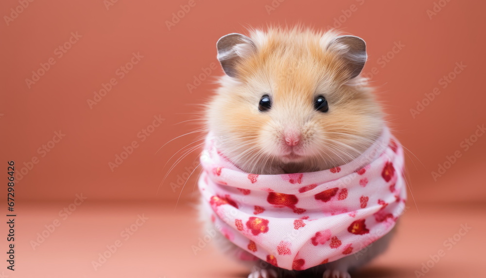 Cute Valentine Animal Hamster Pet on Pastel Pink and Red Studio Hearts Background - Celebrating Valentine's Day with Love, Affection, and Adorable Companionship, with Space for Your Heartfelt Message